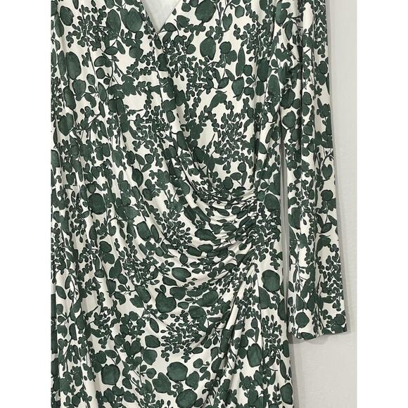 Tory Burch Size Medium Green Ivory Leaf Print Michele Faux Wrap Dress V Neck - Picture 4 of 9